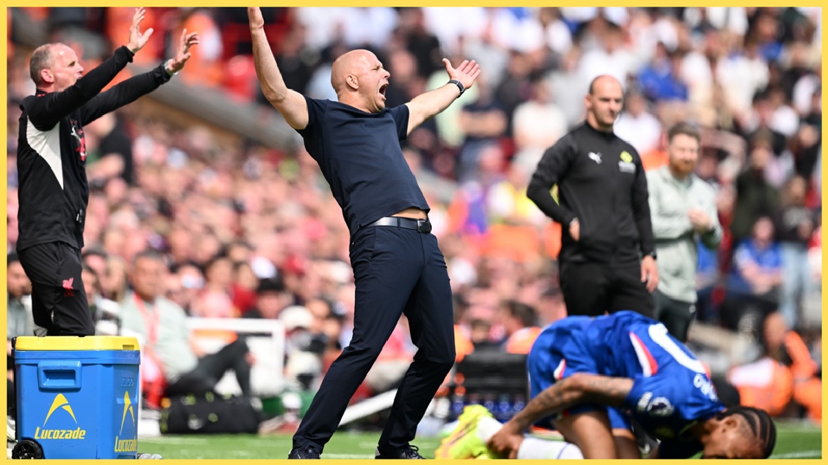 Arne Slot rages at the officials during Liverpool's 1-1 draw against Chelsea