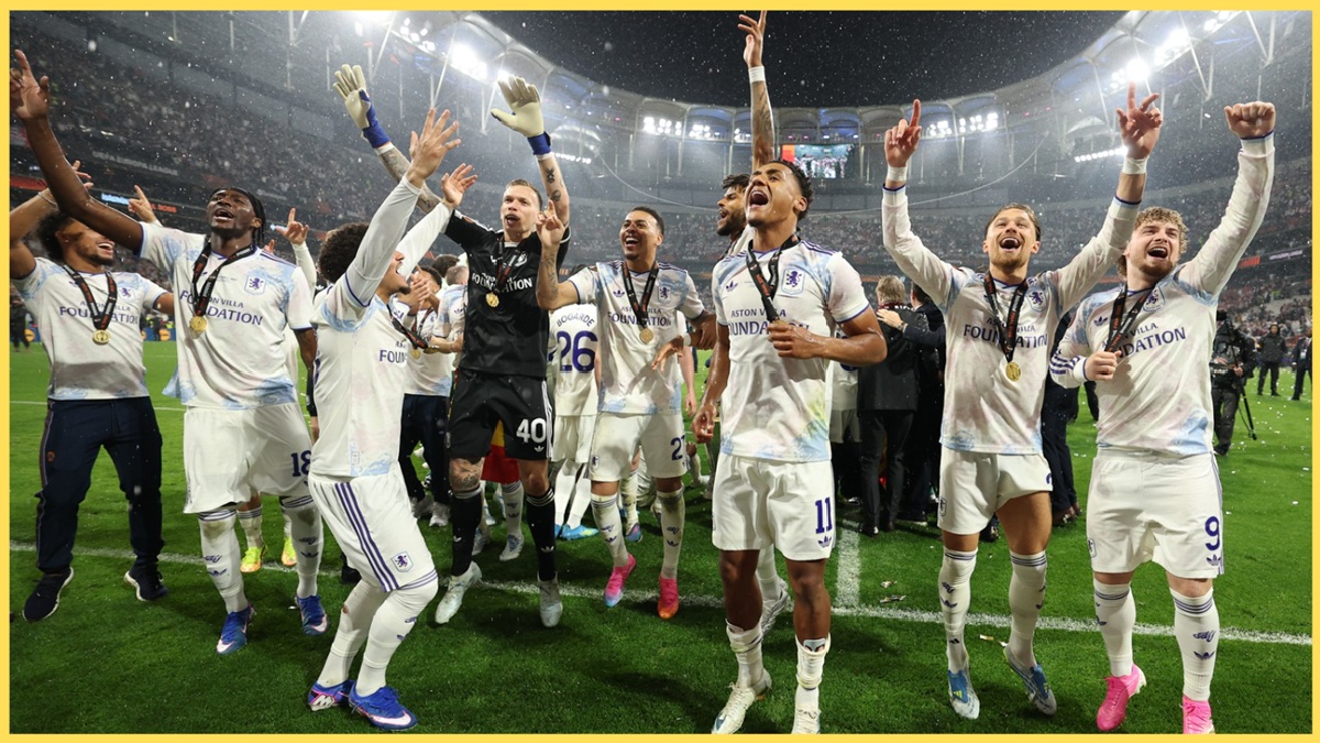 Harvey Elliott celebrates with Aston Villa teammates after winning the Europa League