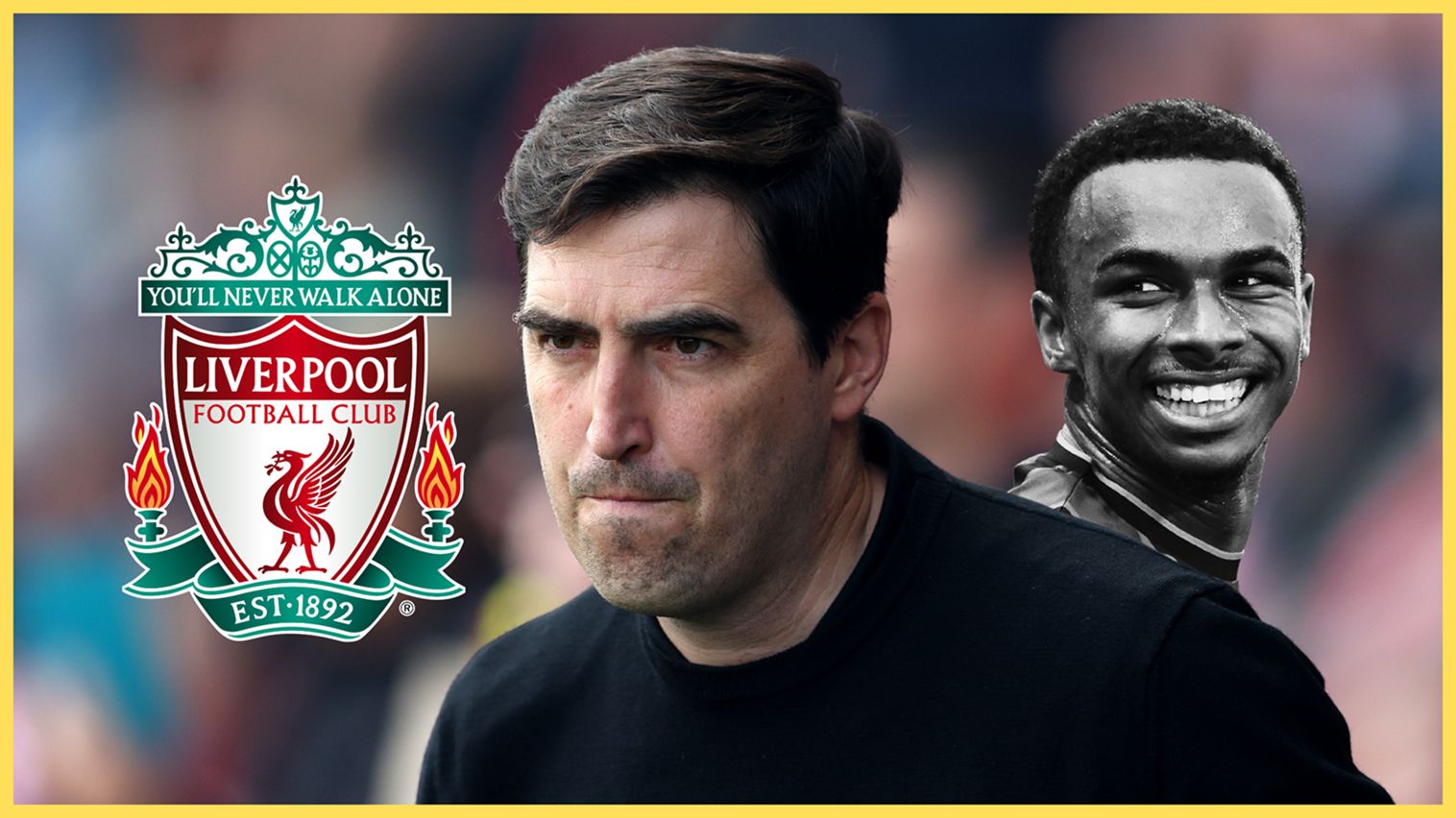 Eli Junior Kroupi smiles at Liverpool manager Andoni Iraola next to the LFC club crest.