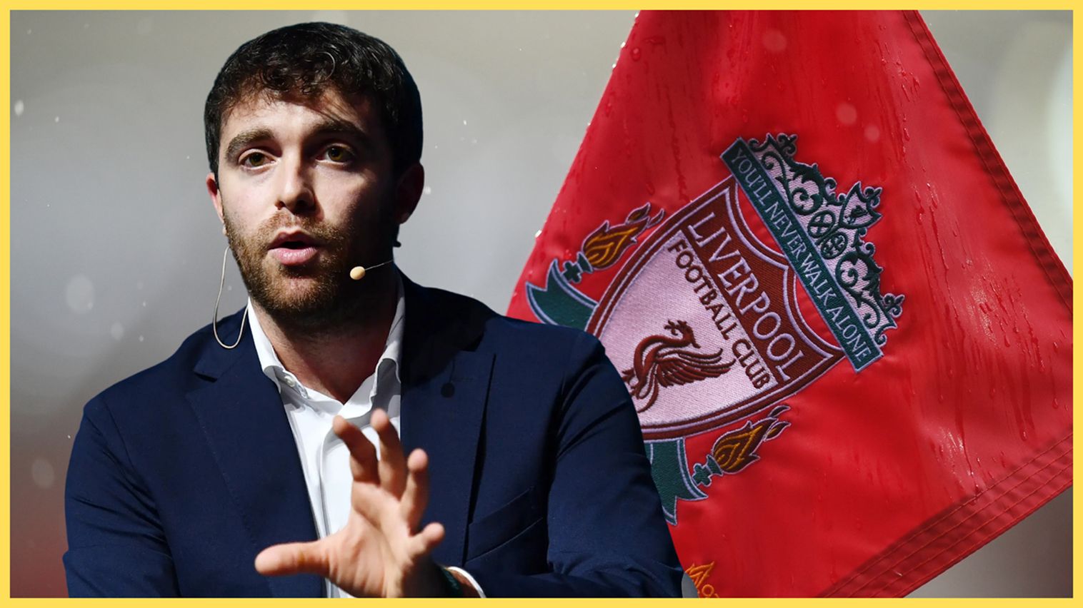 Fabrizio Romano gestures with his hand next to Liverpool FC crest.