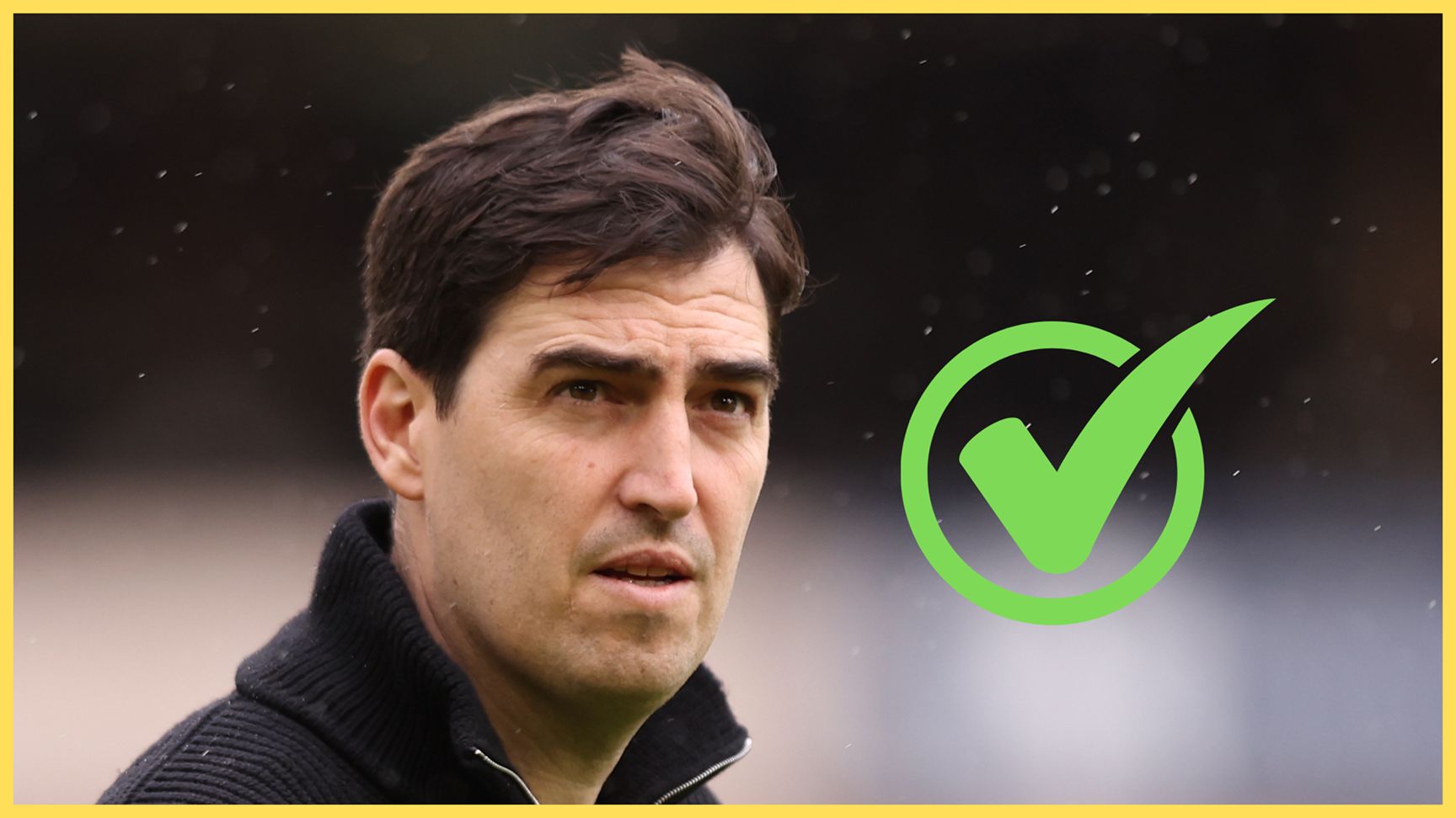 Incoming Liverpool manager Andoni Iraola looks on next to green checkmark.