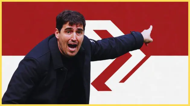Liverpool manager Andoni Iraola points and shouts.