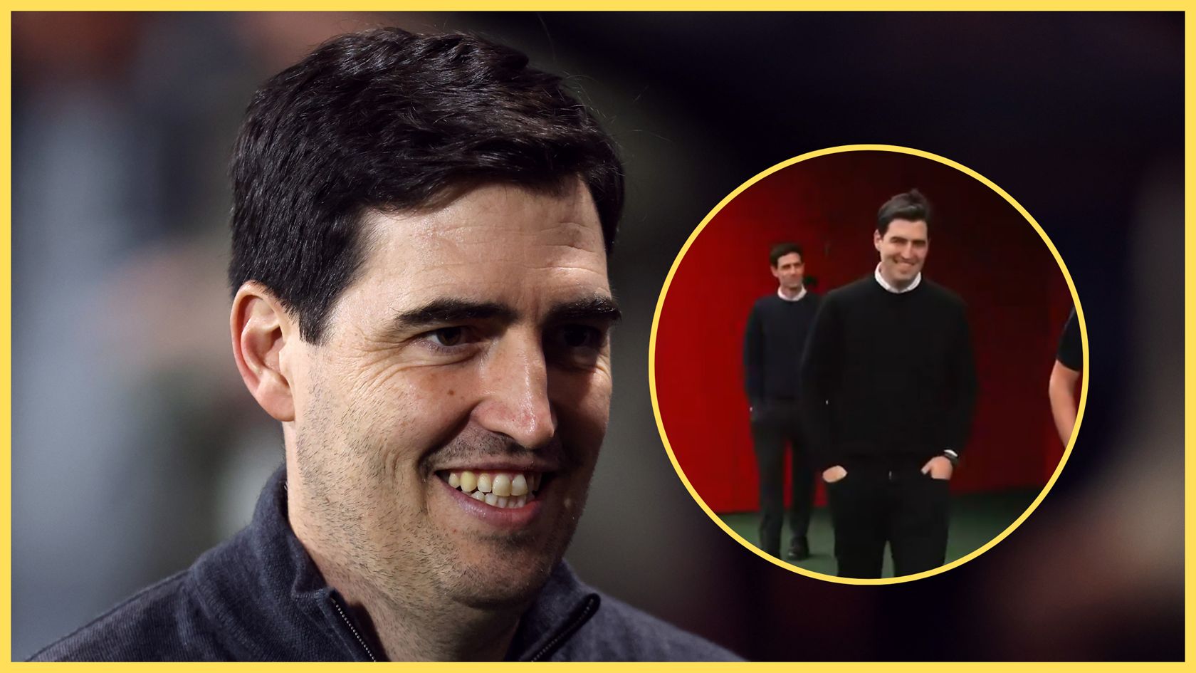 Liverpool manager Andoni Iraola smiles next to picture of him on the AXA training centre pitch.