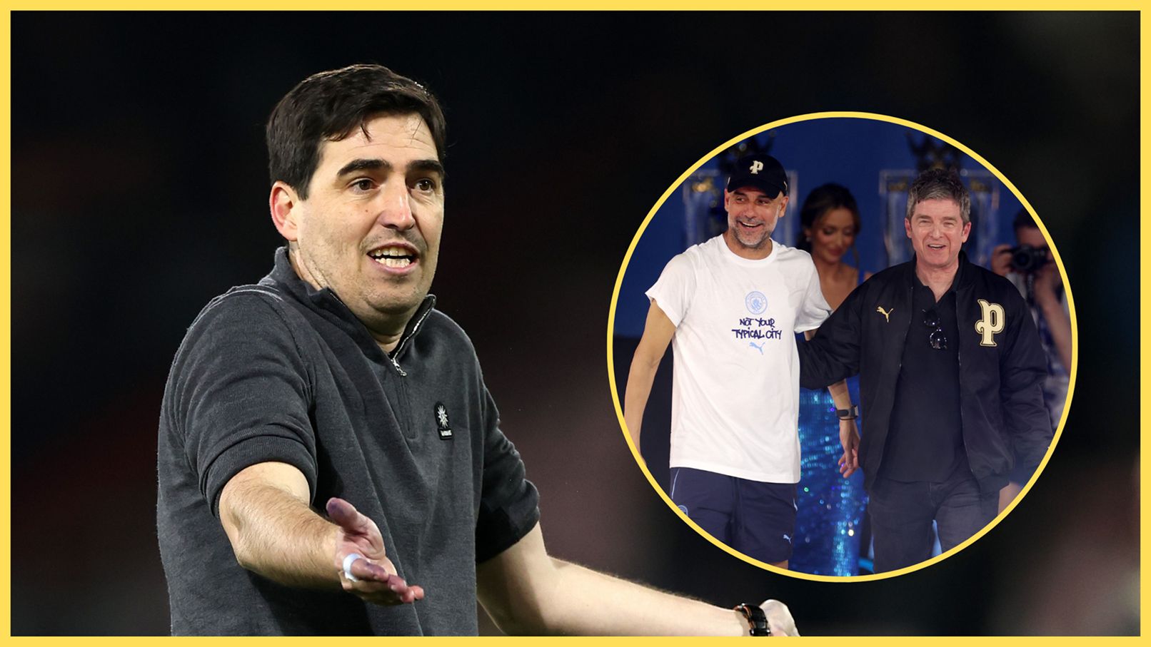 Liverpool manager Andoni Iraola holds his arms out next to a picture of Pep Guardiola and Noel Gallagher.