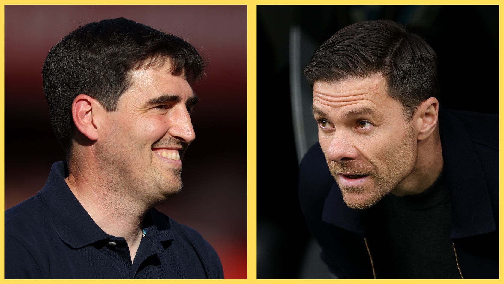 Andoni Iraola looks at Chelsea boss Xabi Alonso.