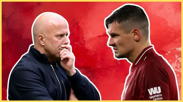 Arne Slot brings his fist to his mouth while staring at former Liverpool defender Dejan Lovren.