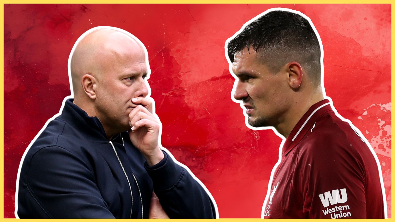 Arne Slot brings his fist to his mouth while staring at former Liverpool defender Dejan Lovren.