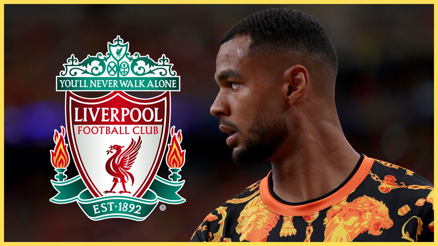 Cody Gakpo looks at Liverpool club crest.