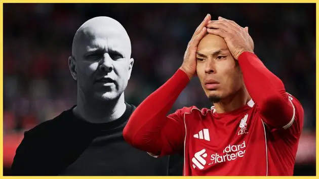 Arne Slot looks on as Liverpool defender Virgil van Dijk puts his hands on his head in anguish.
