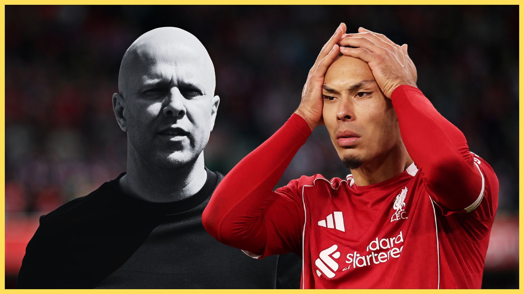 Arne Slot looks on as Liverpool defender Virgil van Dijk puts his hands on his head in anguish.