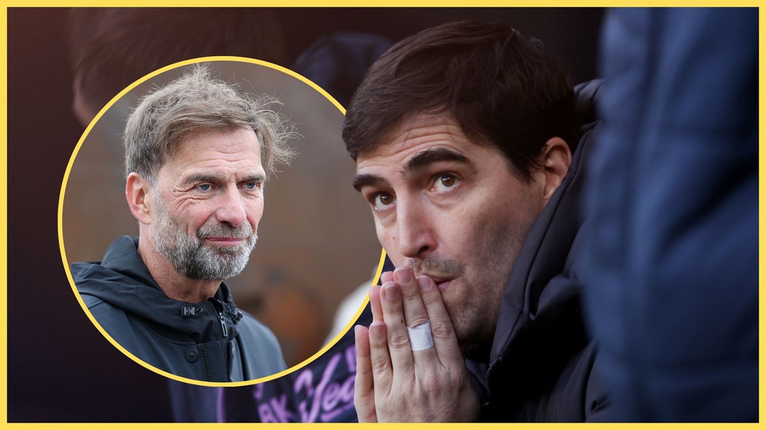 Liverpool manager Andoni Iraola holds his hands over his mouth next to Jurgen Klopp.