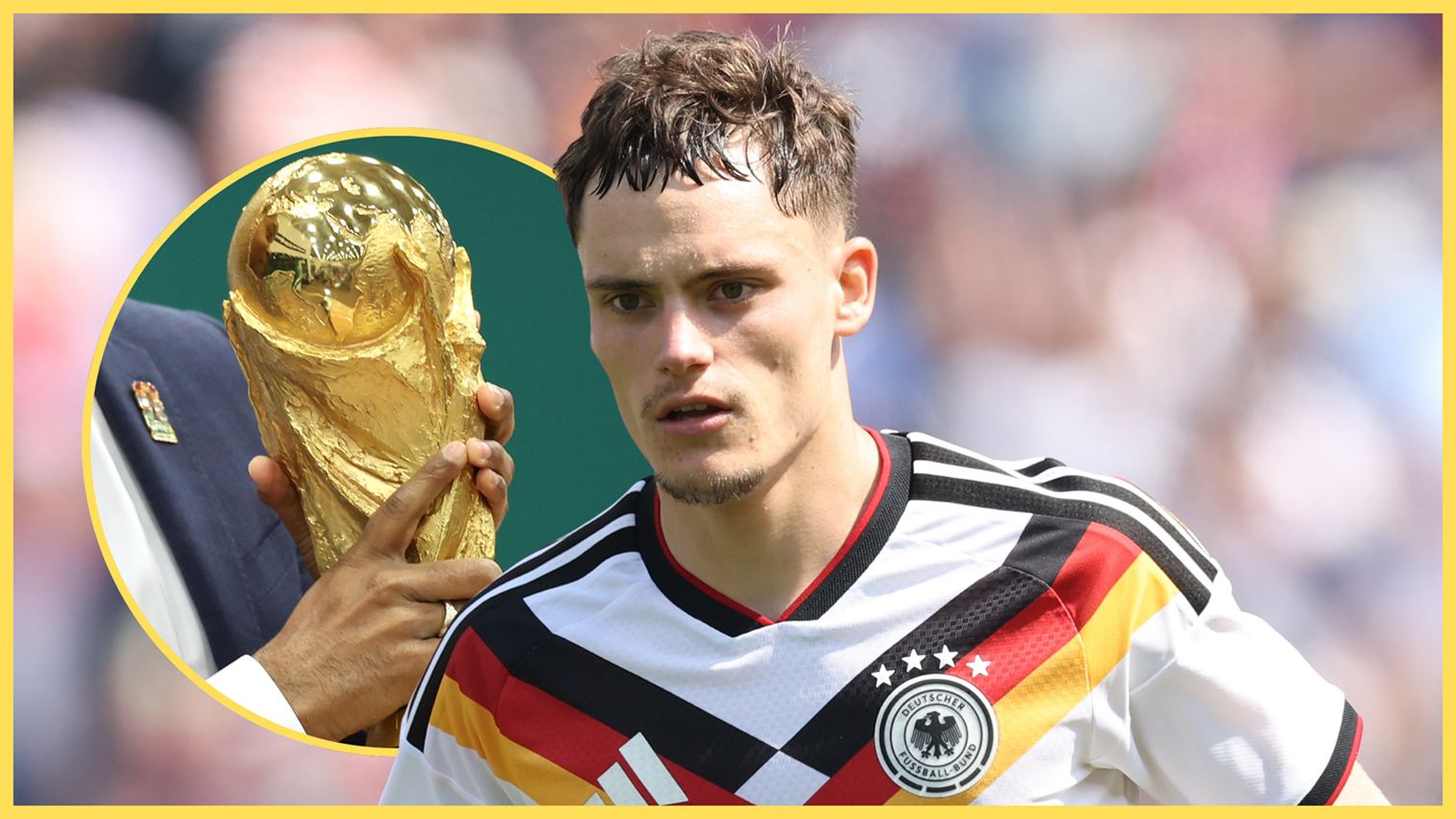 Liverpool midfielder Florian Wirtz looks on with the World Cup in the background.