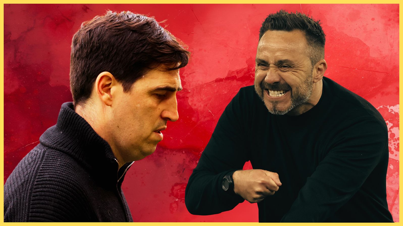Tottenham manager Roberto De Zerbi celebrates in front of despondent Liverpool boss Andoni Iraola.