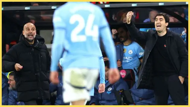 Pep Guardiola and Liverpool manager Andoni Iraola shout from the touchline.