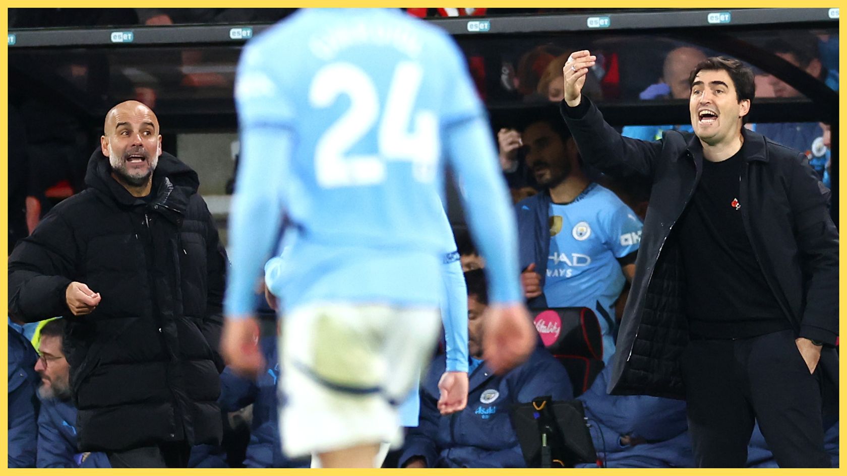 Pep Guardiola and Liverpool manager Andoni Iraola shout from the touchline.