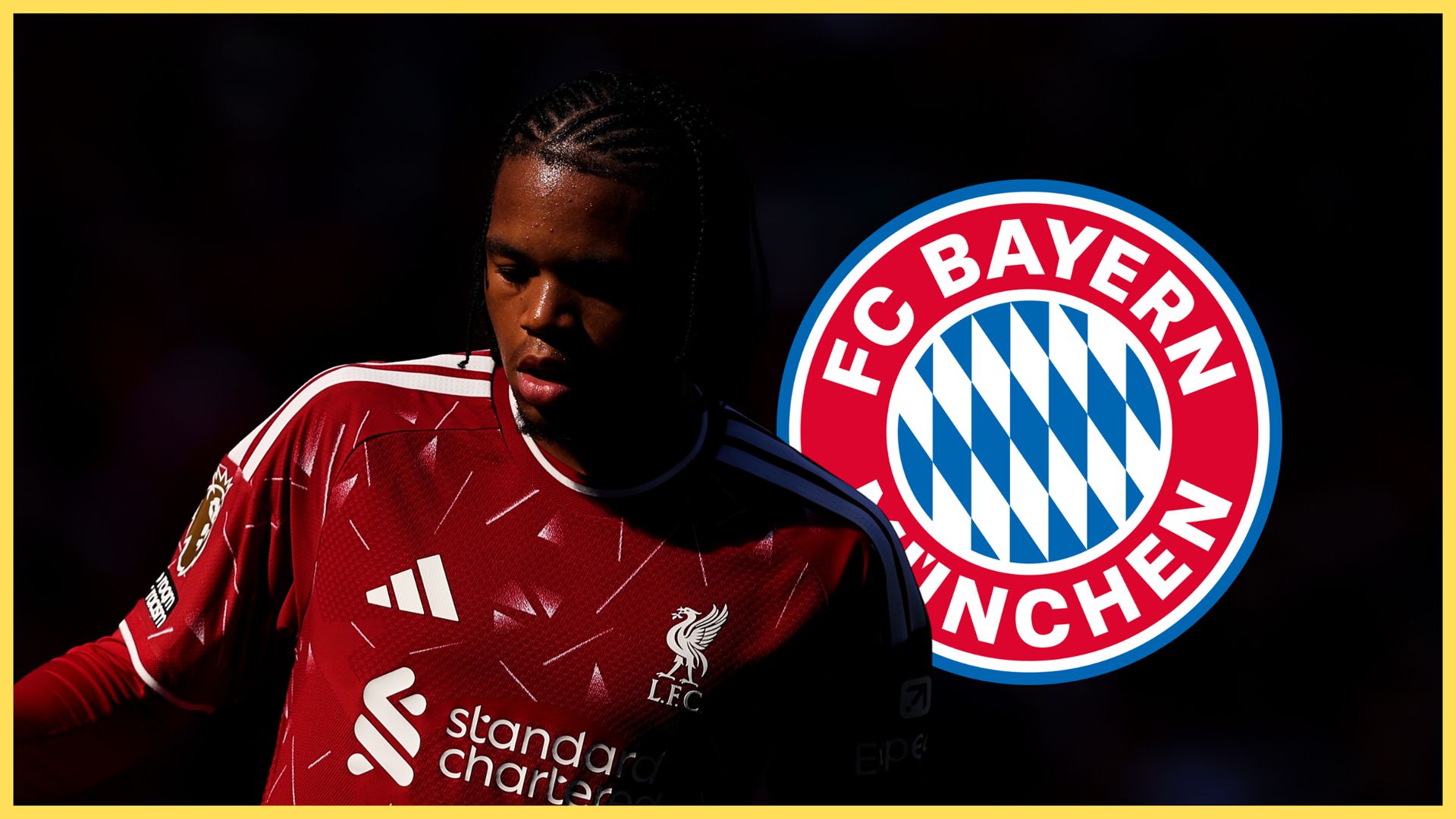 Liverpool winger Rio Ngumoha plays football next to the Bayern Munich logo.