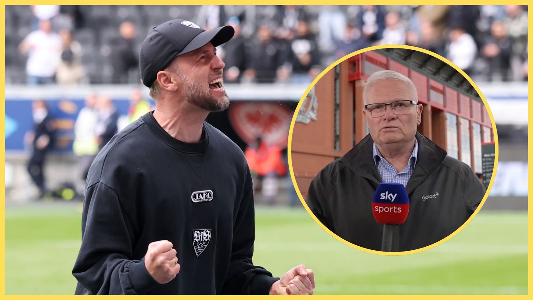 Liverpool-linked manager Sebastian Hoeness pumps his fists in celebration next to Sky Sports journalist.