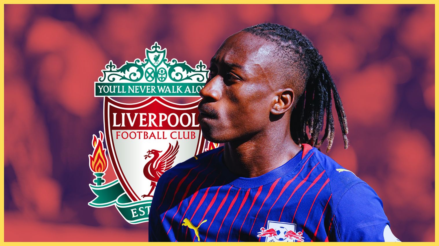 Yan Diomande looks on during RB Leipizg game in front of Liverpool badge.