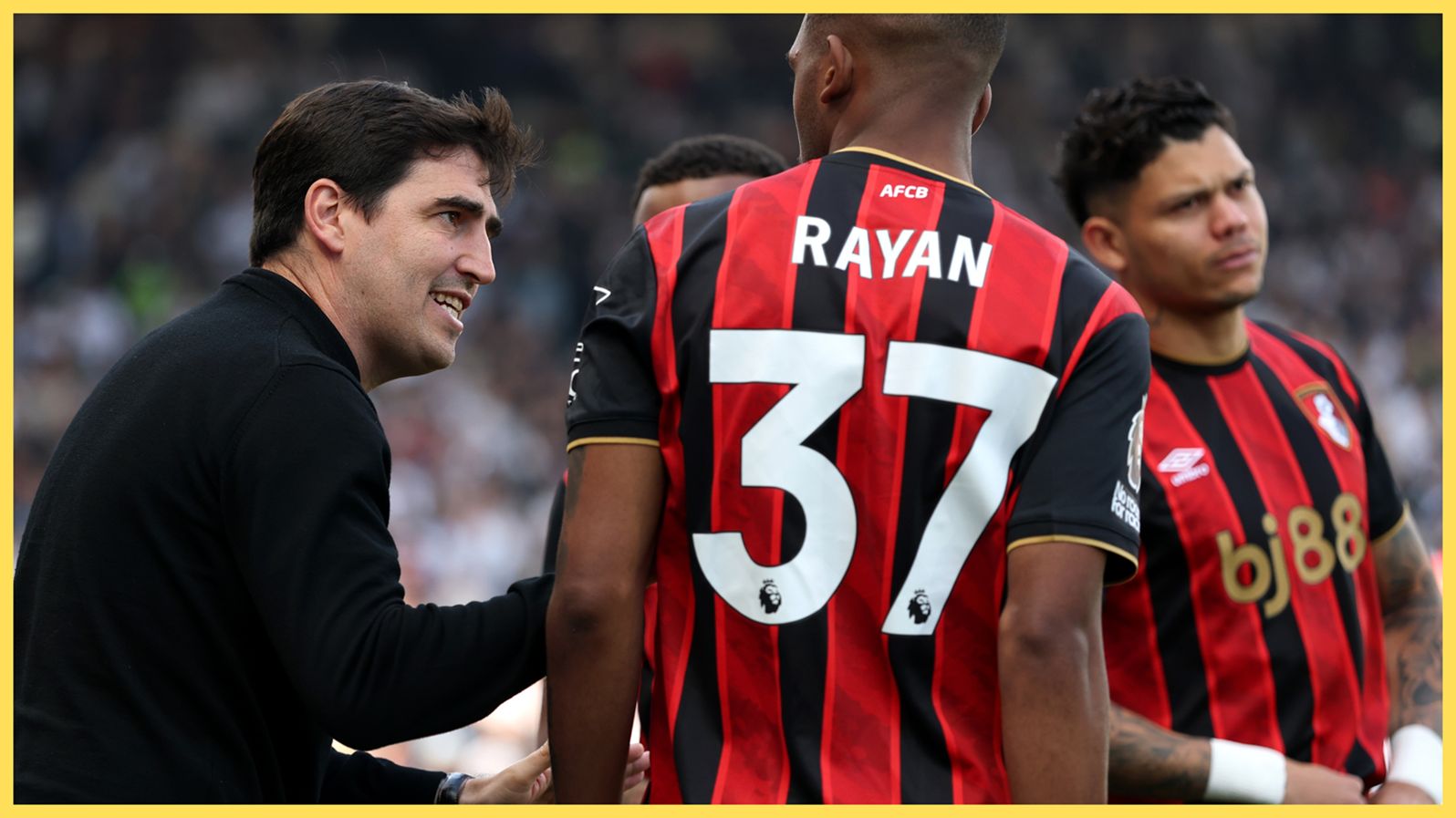 Liverpool manager Andoni Iraola speaks to Bournemouth star Rayan.