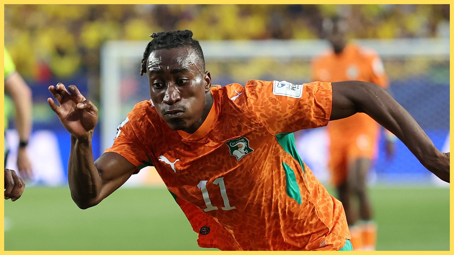 Liverpool-linked Yan Diomande dribbles during Ivory Coast game at the World Cup.