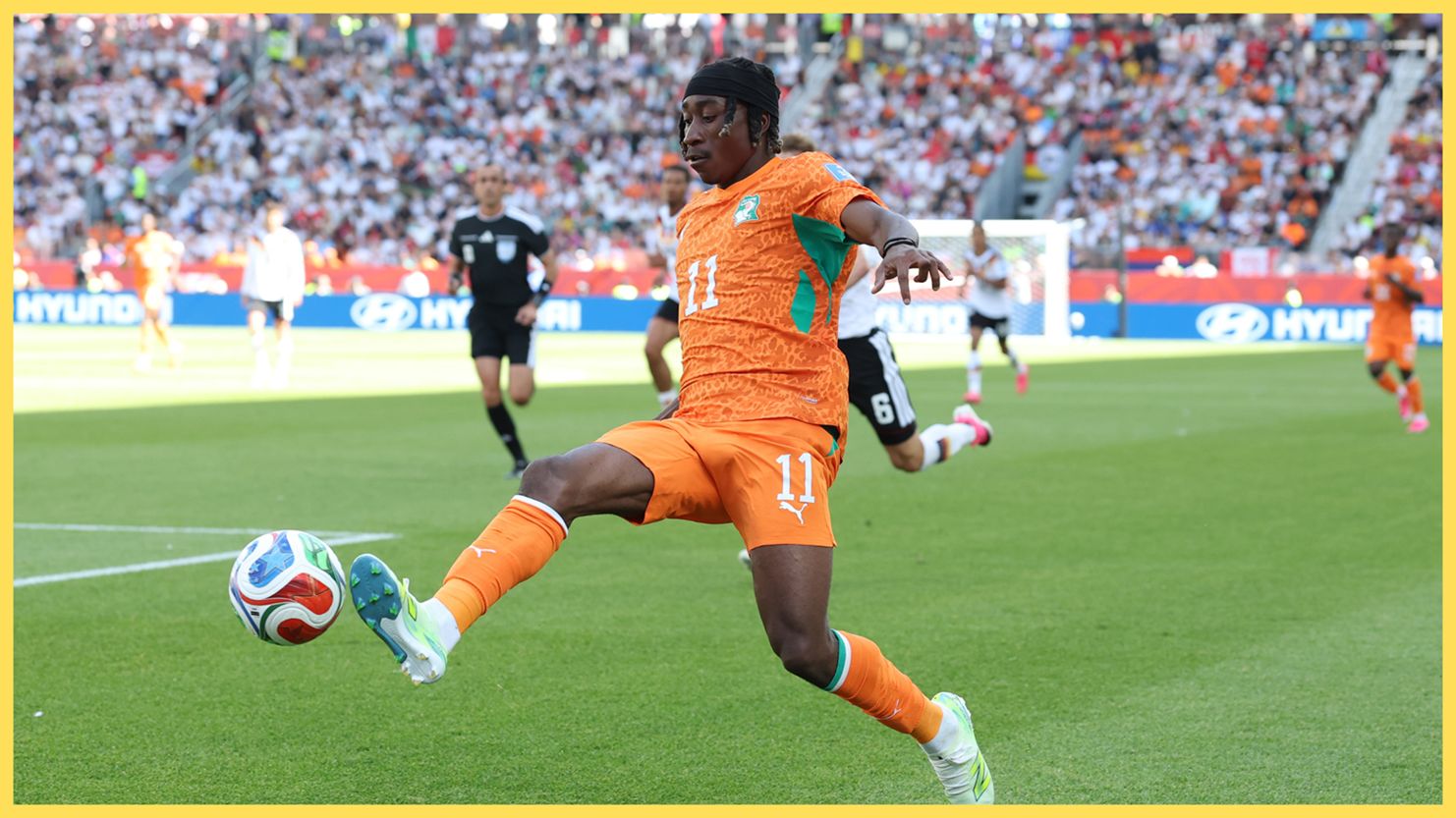 Yan Diomande touches the ball during World Cup game.