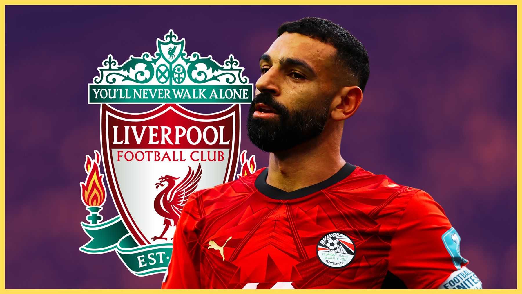 Mo Salah looks on in front of Liverpool club crest.
