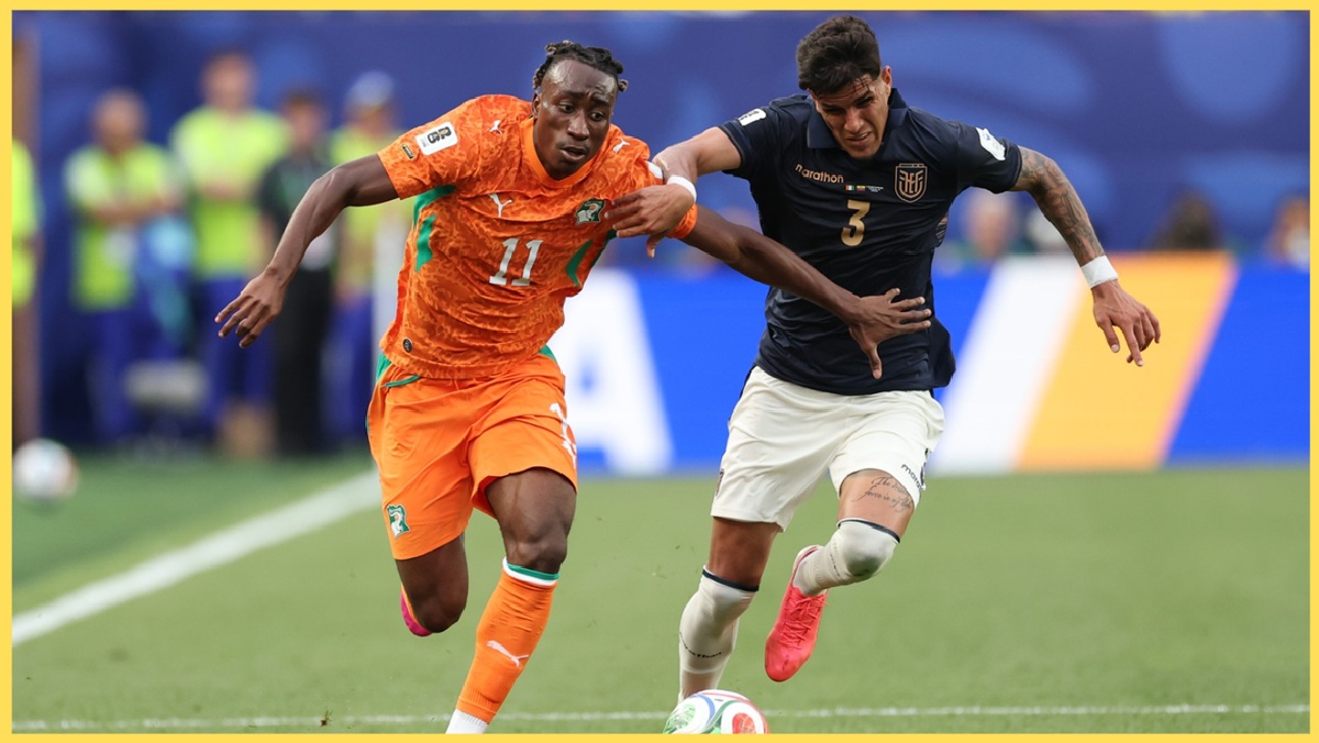 Yan Diomande surges past Piero Hincapie during Ivory Coast's win over Ecuador