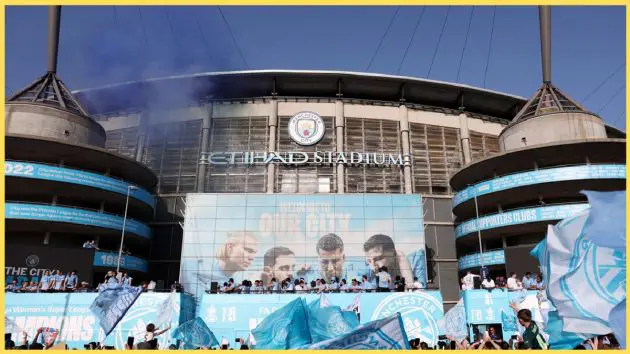 A presentation takes place outside Manchester City's Etihad Stadium