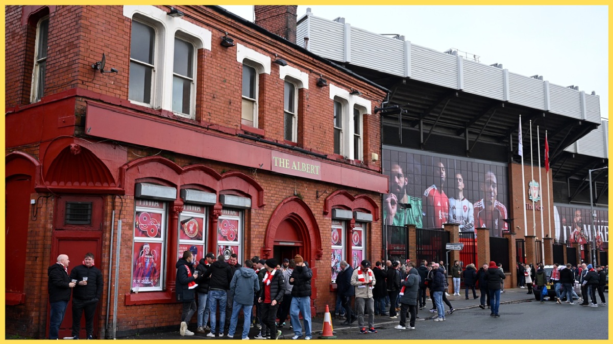 Liverpool fans gather outside The Albert on matchday
