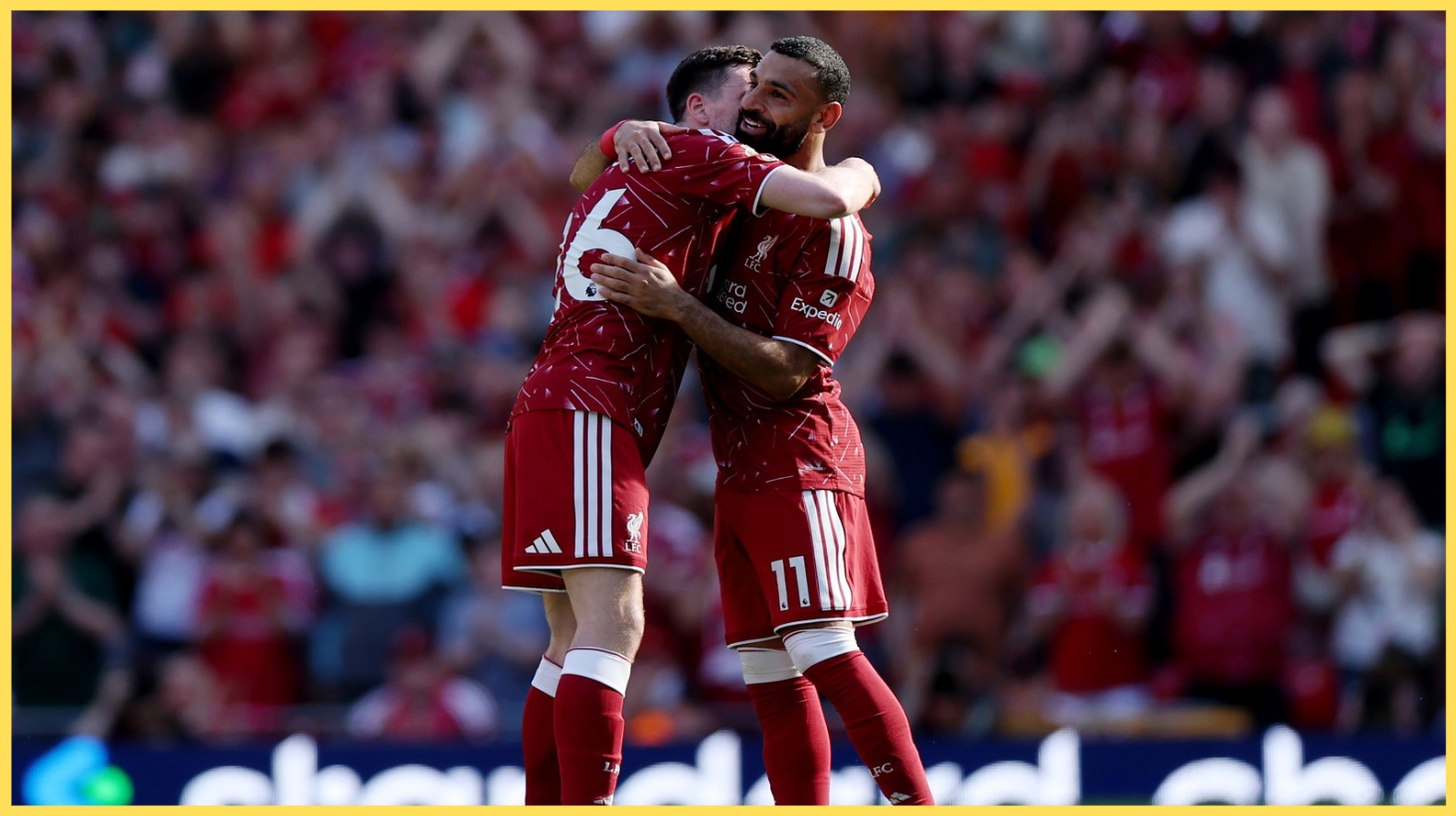 Andy Robertson hugs Mo Salah on the duo's final appearance for Liverpool