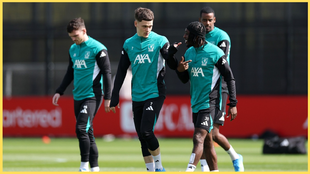 Florian Wirtz and Jeremie Frimpong pictured during Liverpool training