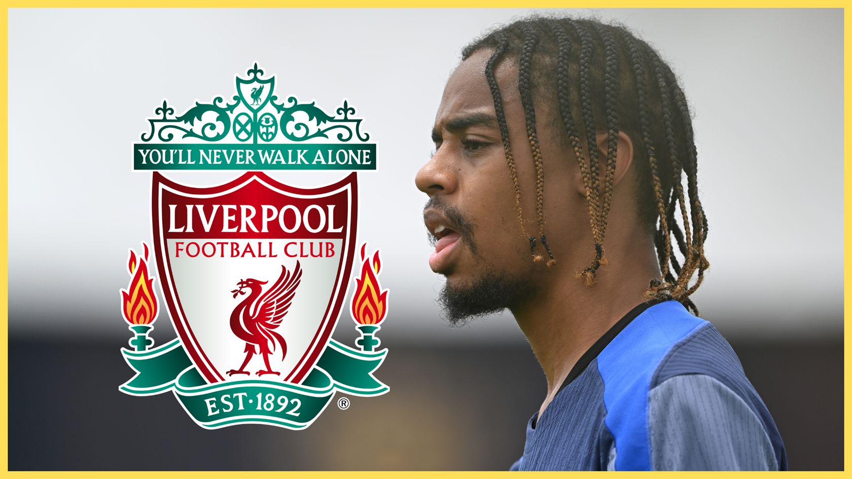 PSG winger Bradley Barcola looks on next to Liverpool club crest.