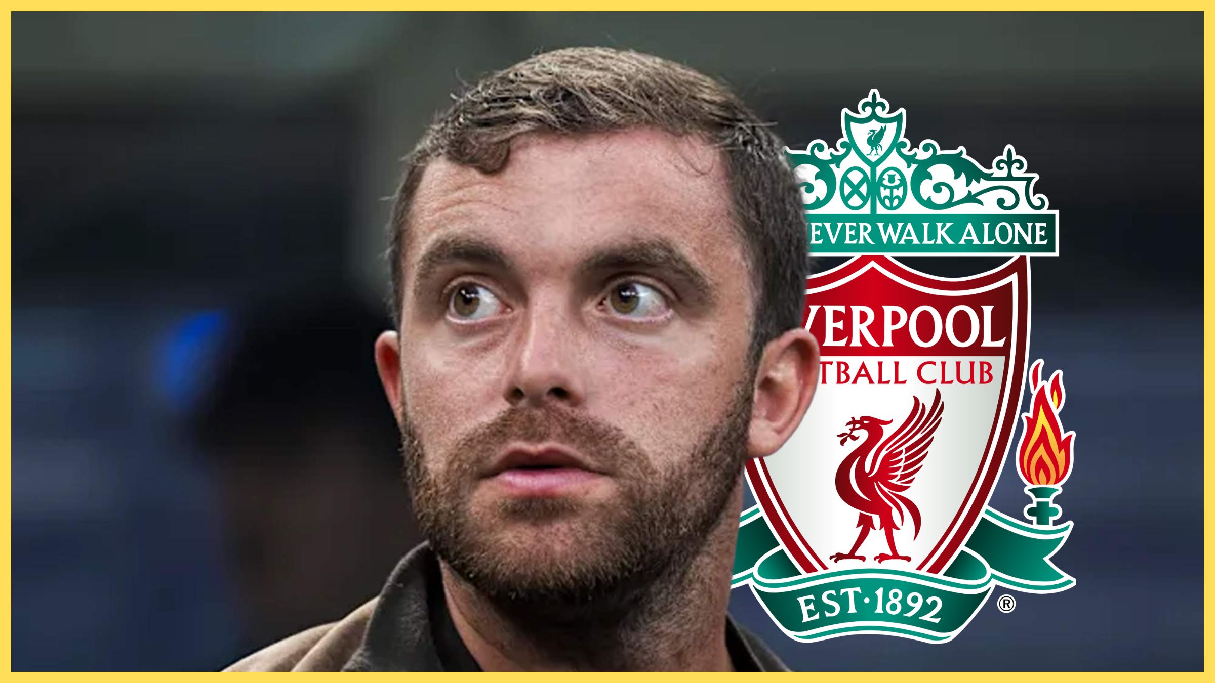 Transfer news expert Fabrizio Romano looks on in front of Liverpool club crest.