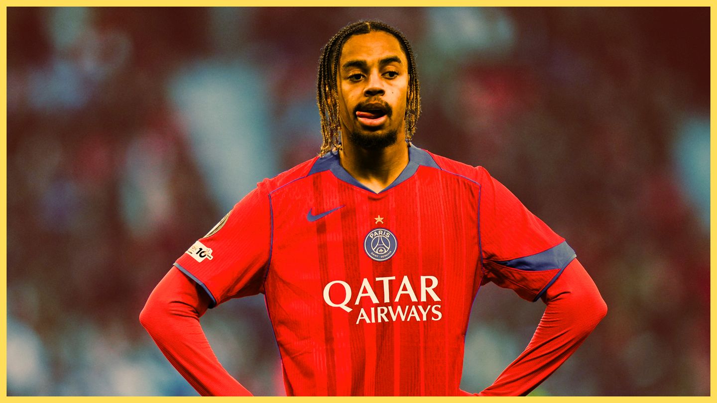 Liverpool transfer target Bradley Barcola licks his lips during PSG game.
