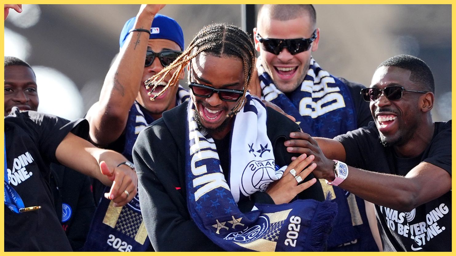 Liverpool transfer target Bradley Barcola celebrates with PSG teammates.