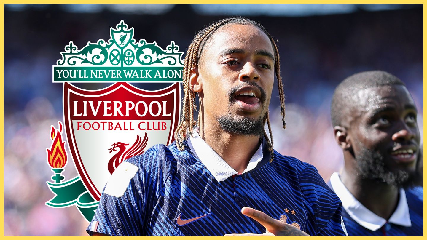 PSG winger Bradley Barcola makes hand gesture celebration next to Liverpool club crest.