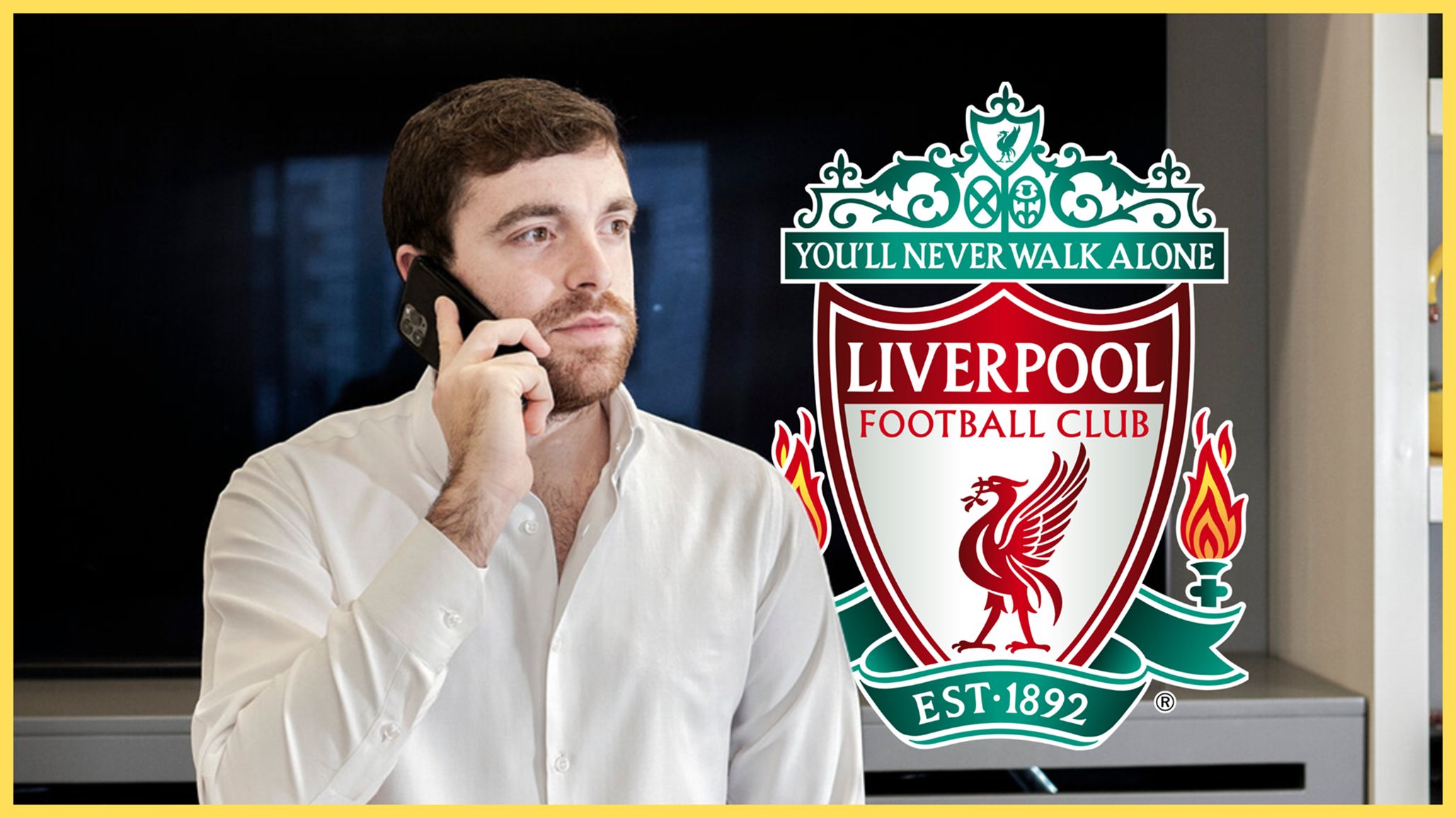 Transfer news expert Fabrizio Romano speaks on a phone next to Liverpool club crest.