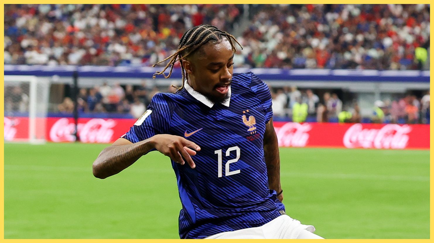 Liverpool transfer target Bradley Barcola dribbles with the ball during France game at the World Cup.