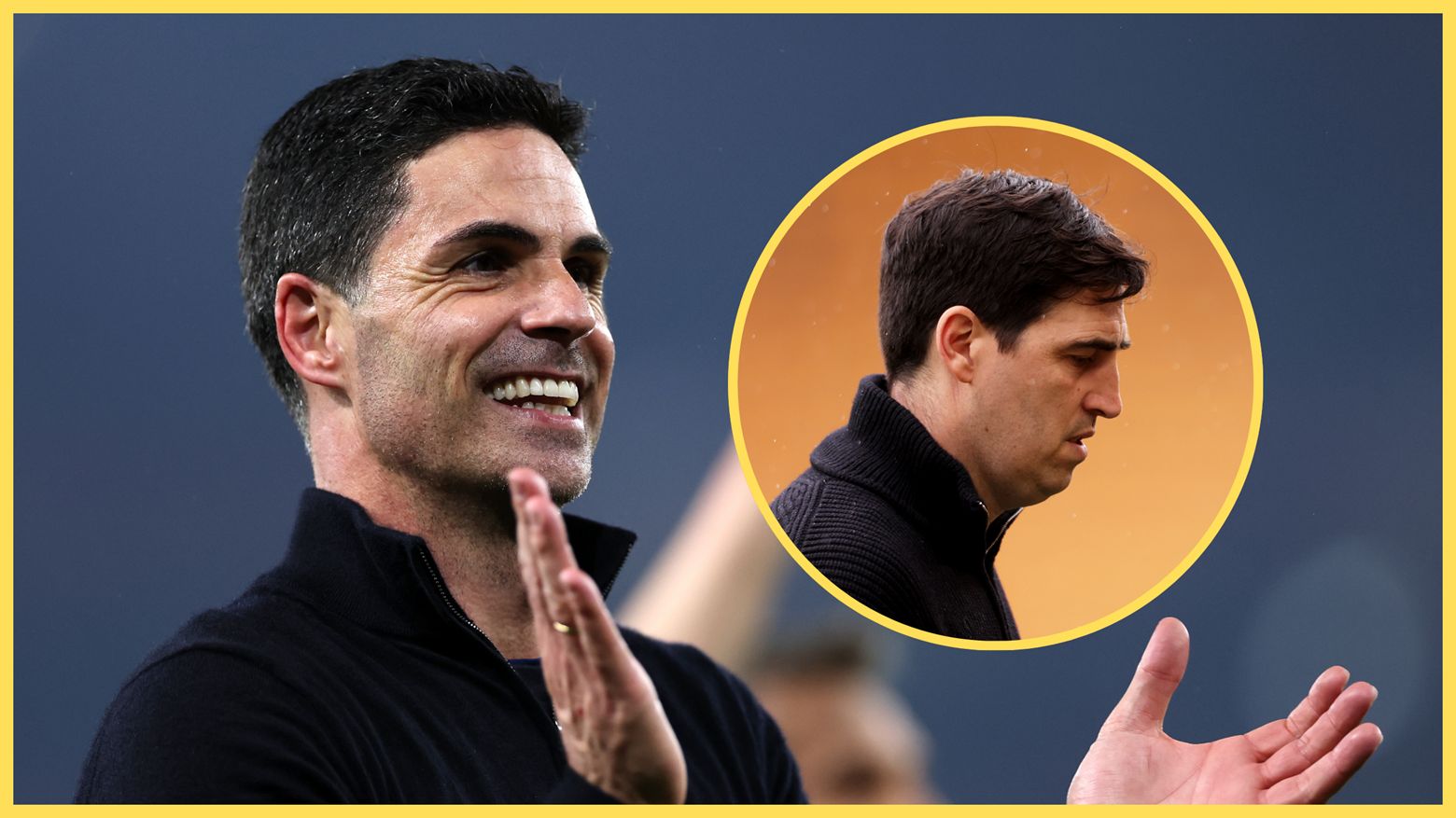 Arsenal manager Mikel Arteta claps his hands in celebration next to glum Liverpool boss Andoni Iraola.