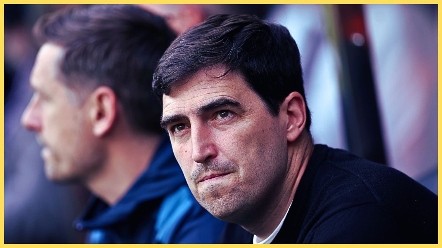 Liverpool manager Andoni Iraola is sat on the Bournemouth bench.