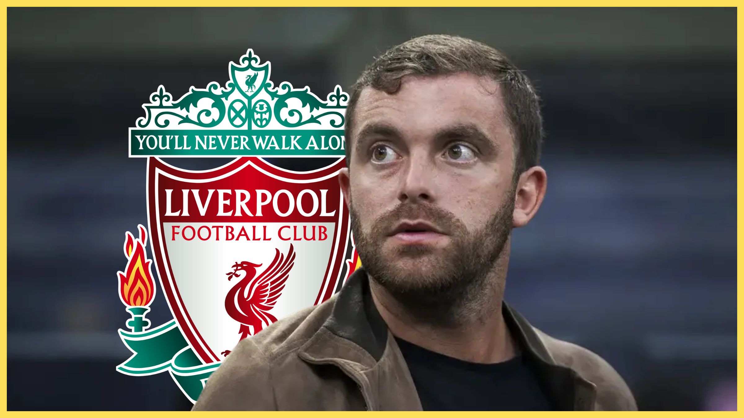Transfer news insider Fabrizio Romano looks on in front of Liverpool FC club badge.