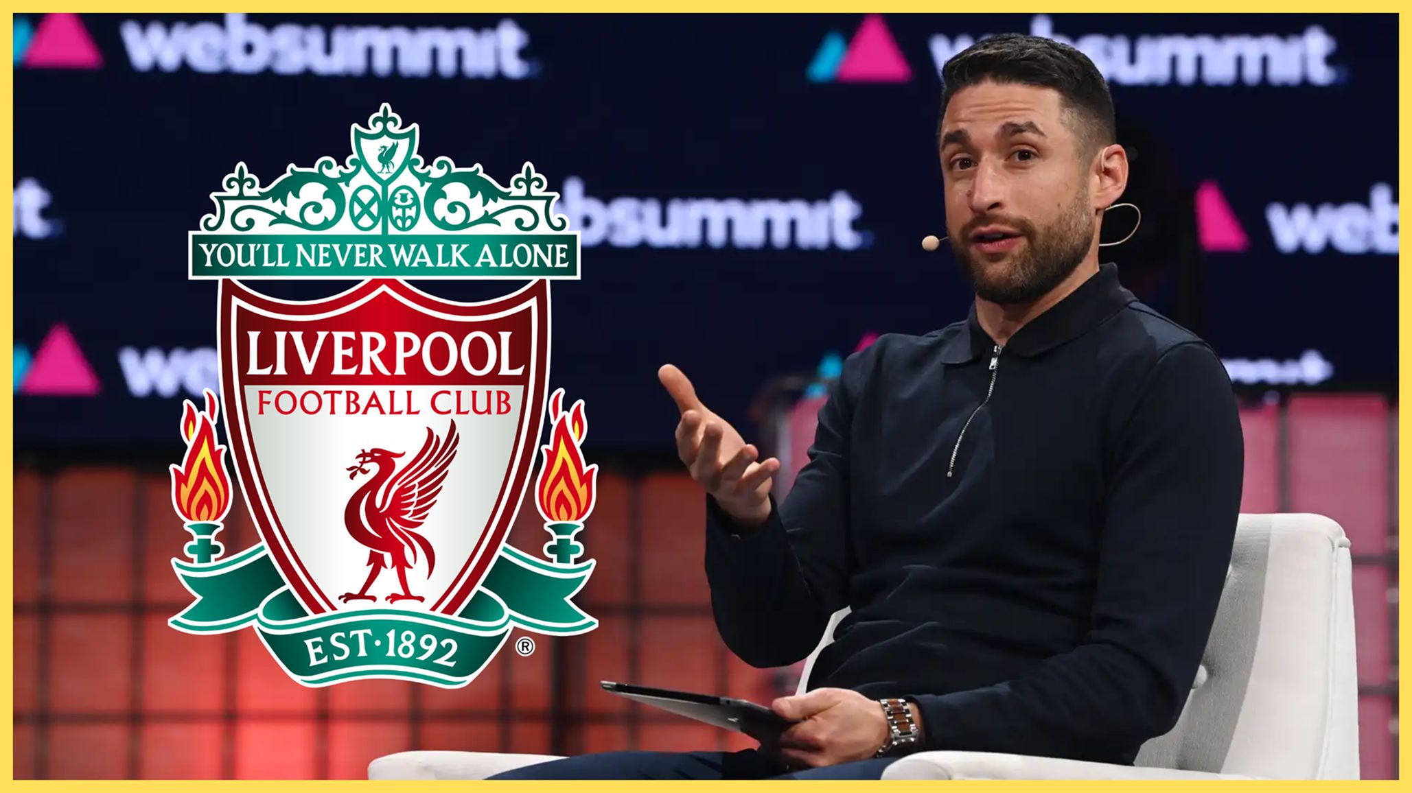 Transfer news expert David Ornstein gestures next to Liverpool FC club badge.