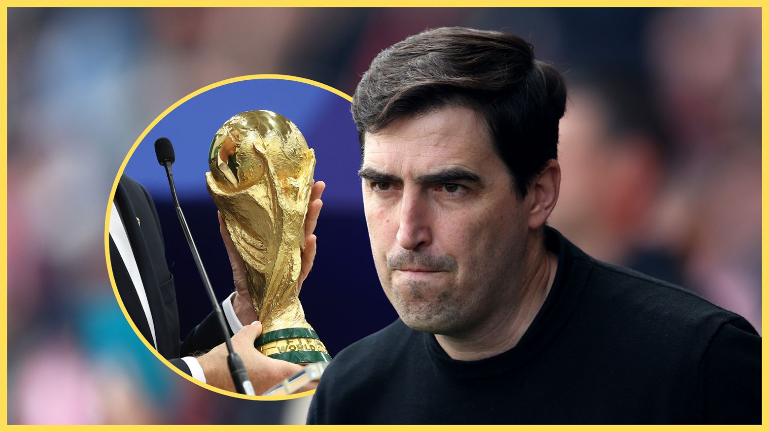 Liverpool manager Andoni Iraola looks on during Premier League game next to World Cup trophy.