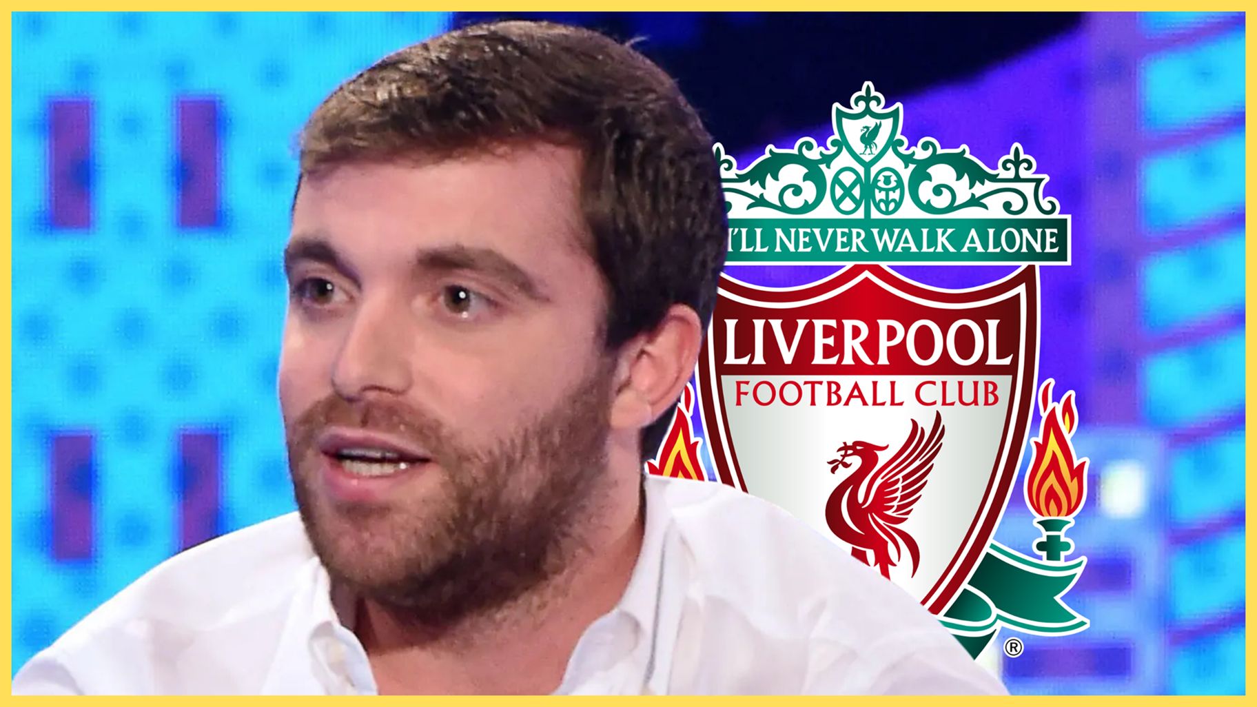 Transfer news expert Fabrizio Romano speaks in front of Liverpool club crest.