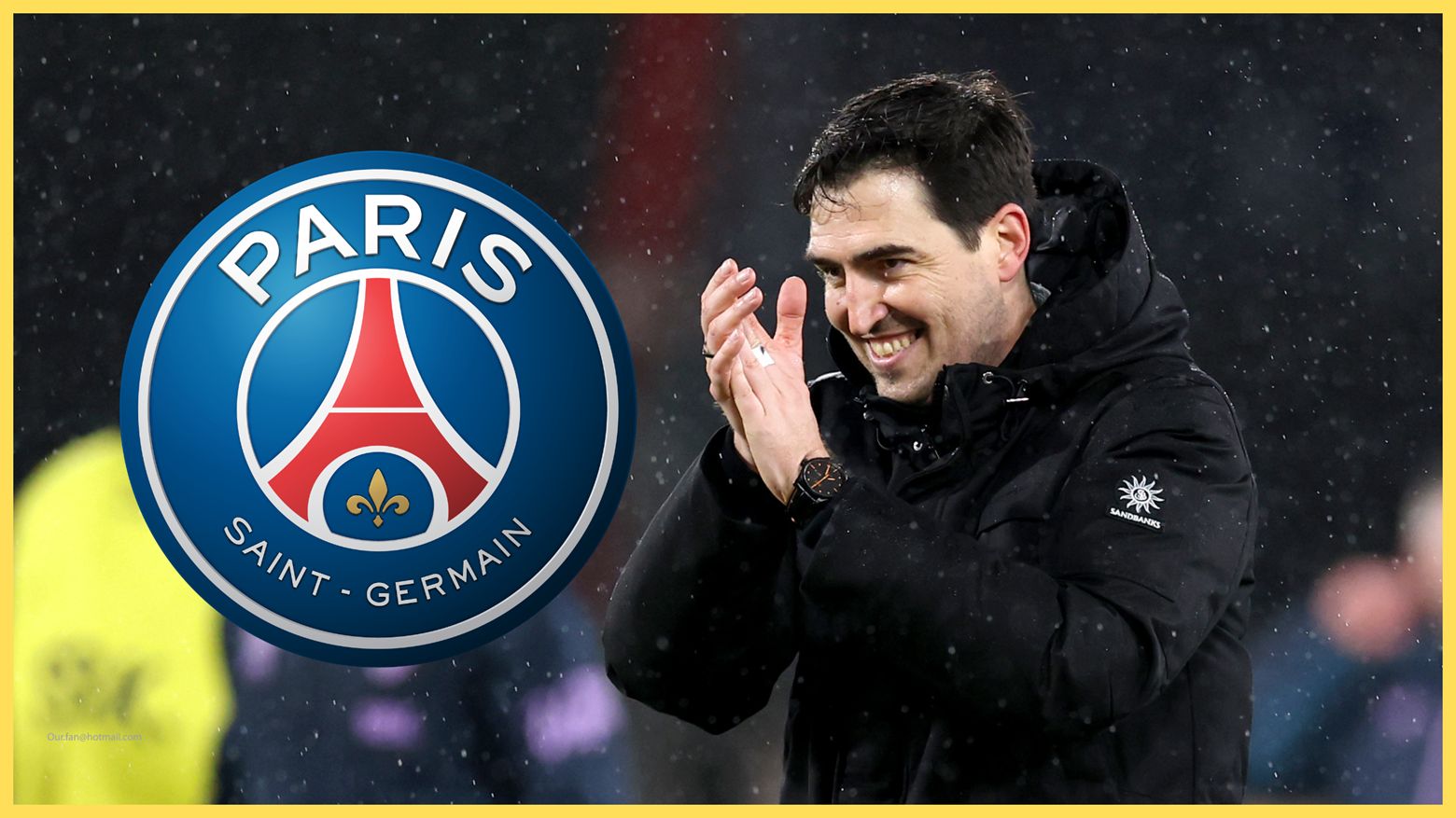 Liverpool manager Andoni Iraola claps his hands in delight next to PSG club crest.