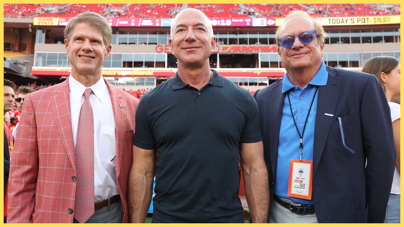 Potential Liverpool FC investor Jeff Bezos stand at the Arrowhead Stadium.