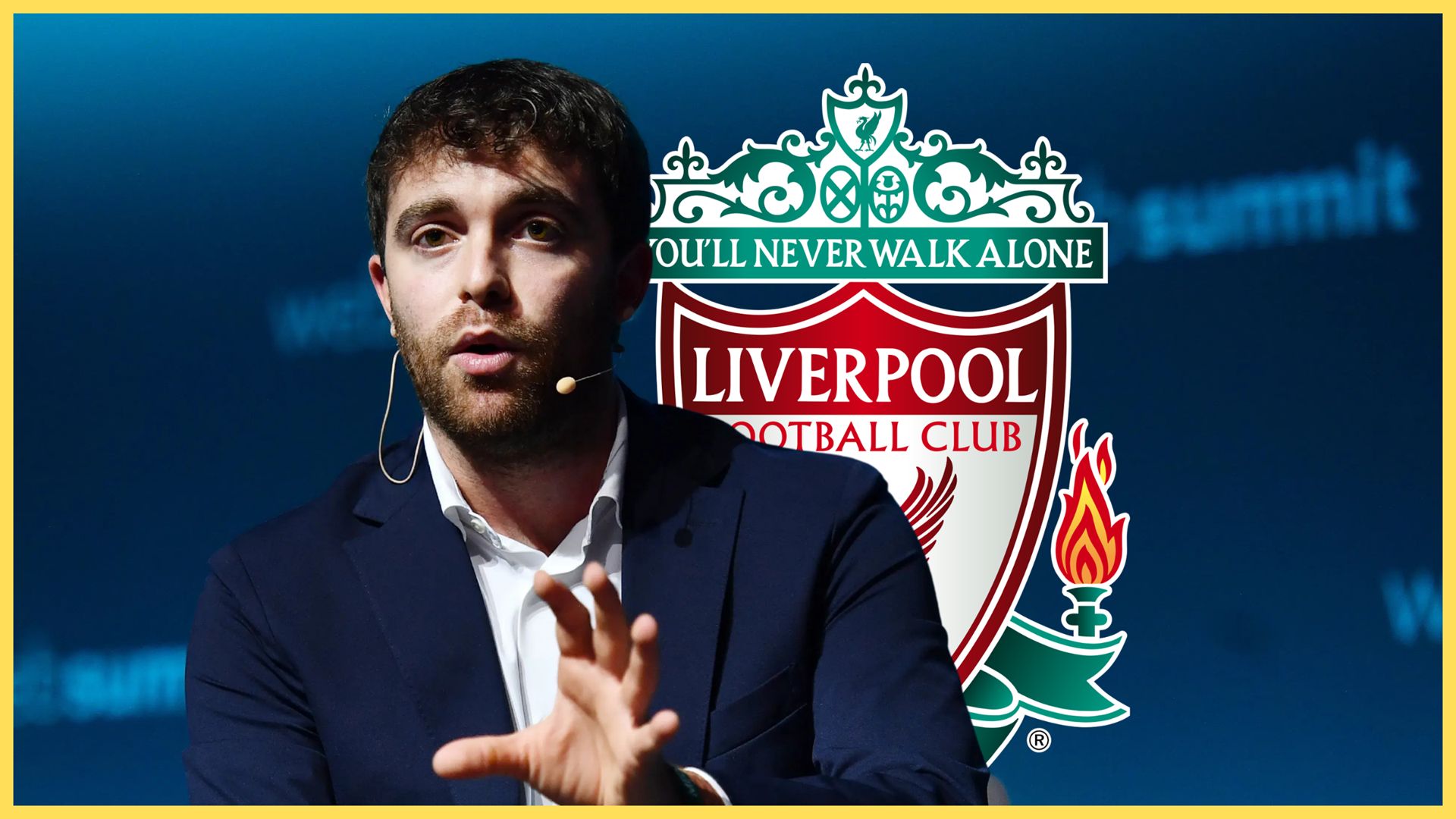 Transfer news expert Fabrizio Romano raises his hand in front of Liverpool club crest.