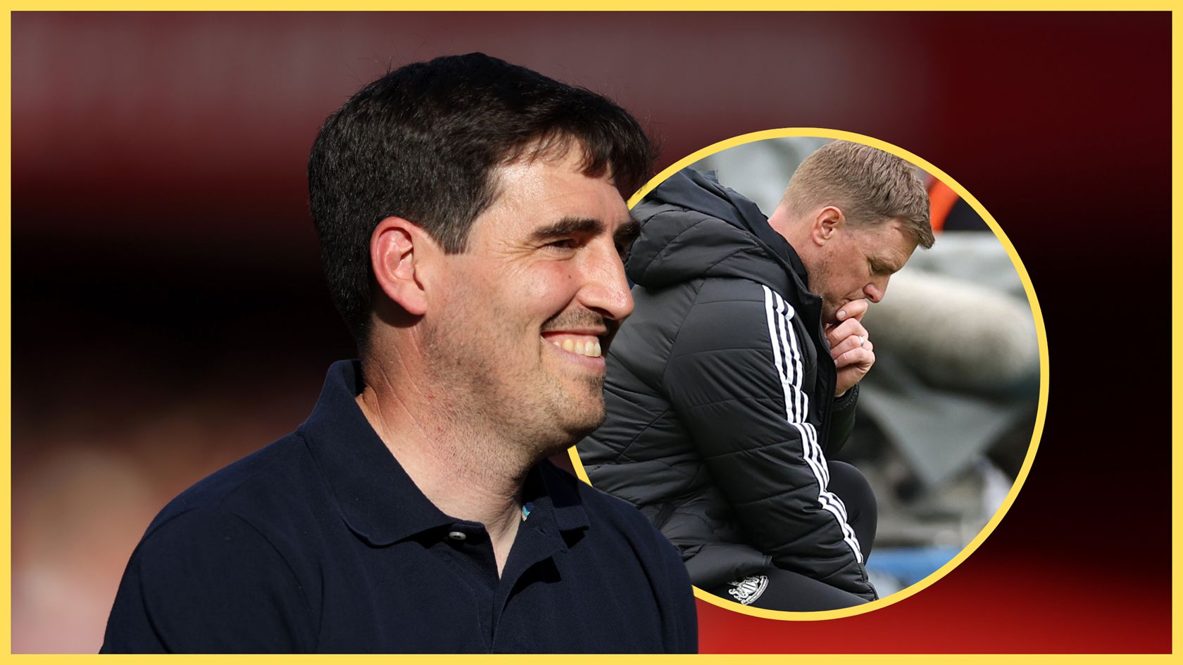 Liverpool manager Andoni Iraola grins as Newcastle boss Eddie Howe looks distraught.