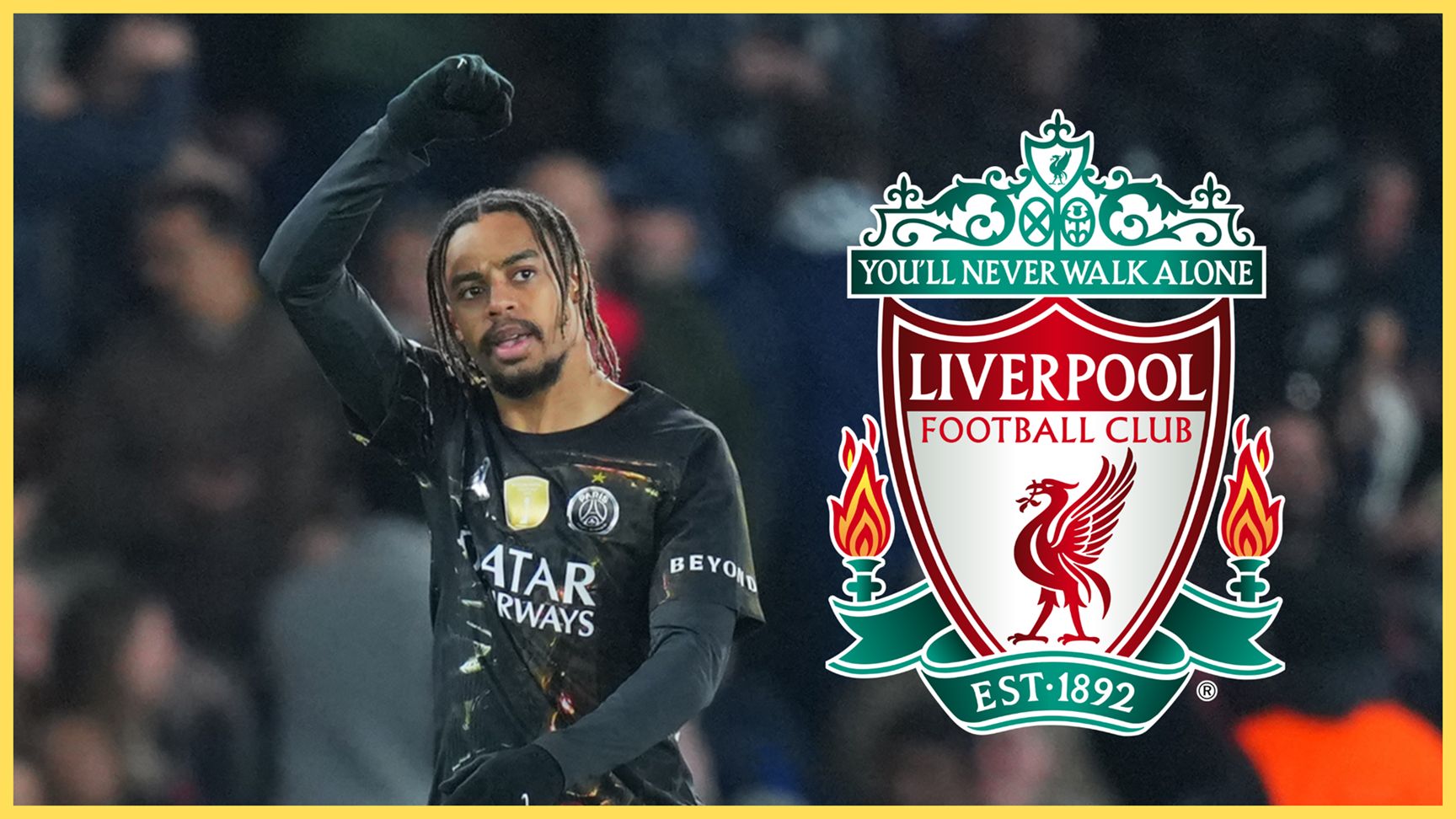 PSG winger Bradley Barcola pumps his fist in the air in celebration next to Liverpool club crest.