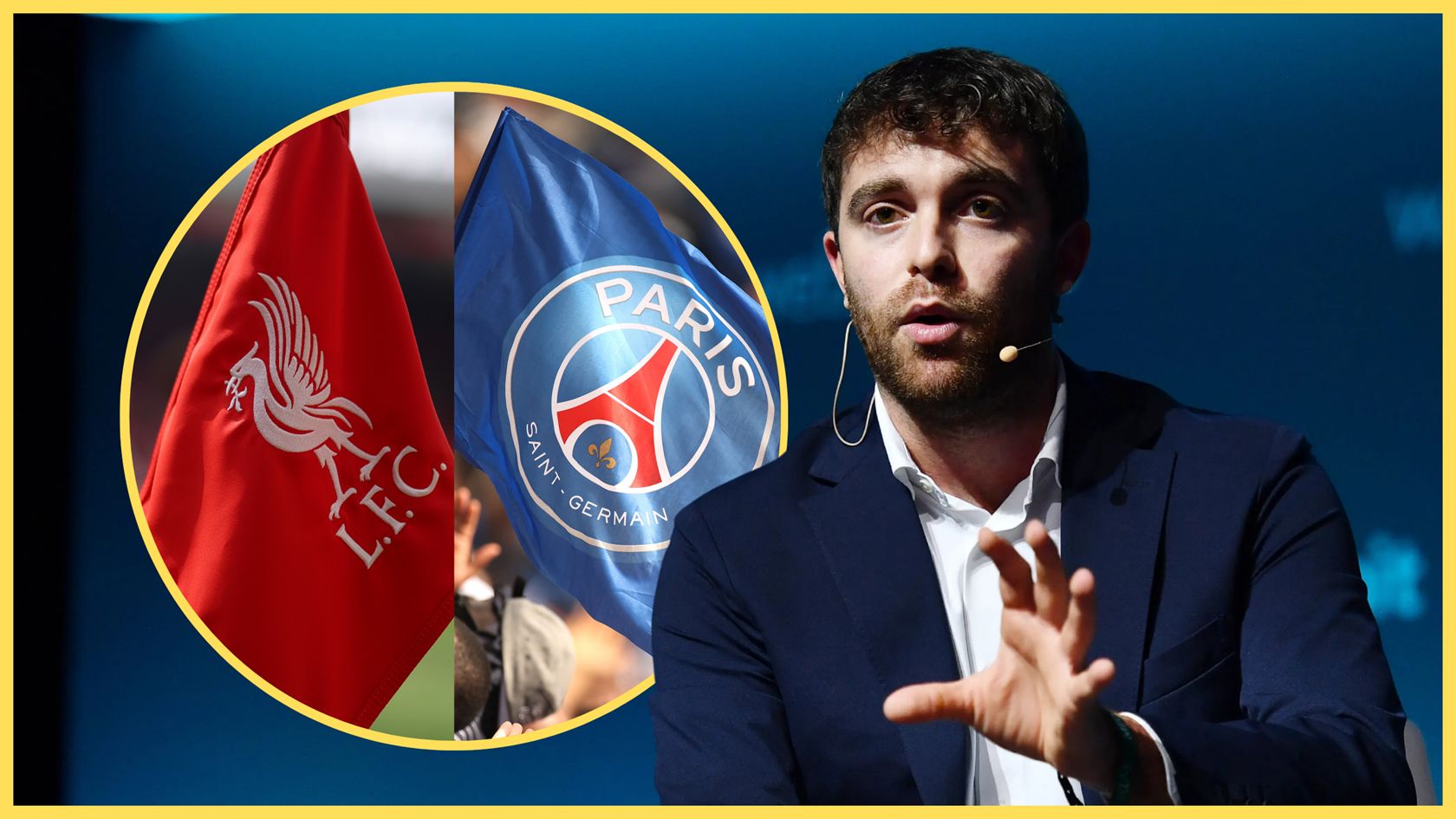 Fabrizio Romano gestures next to Liverpool and PSG flags.